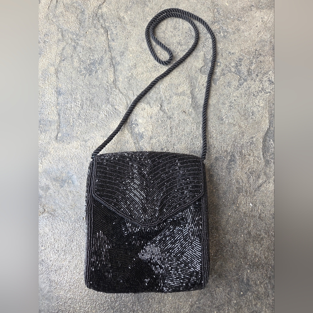 Vintage Walborg Elegant Black Beaded Classic Evening Bag With Shoulder Strap